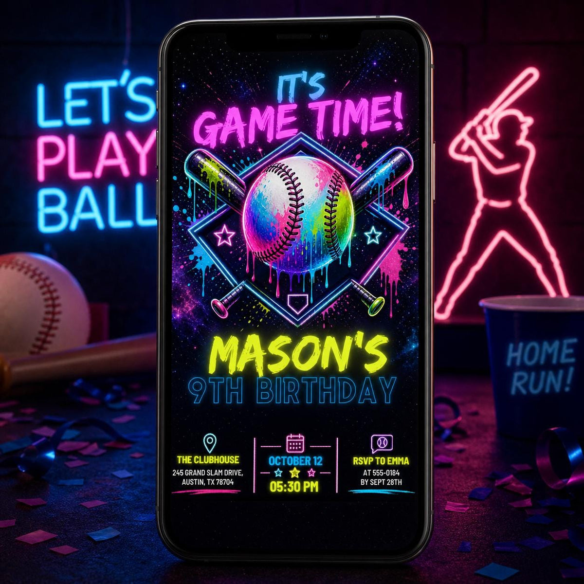 Neon Baseball 9th Birthday Invitation — invitation you personalize in Canva