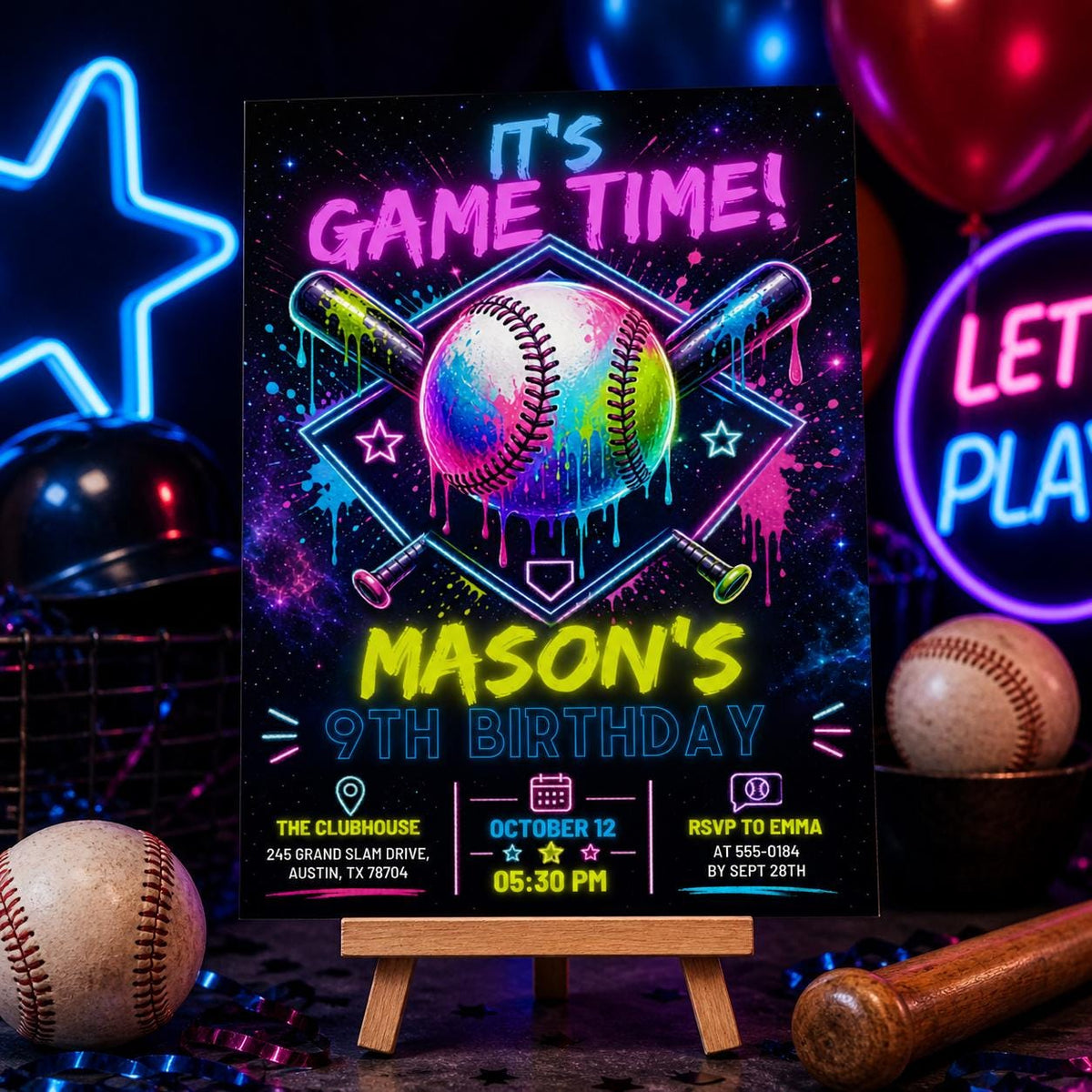 Neon Baseball 9th Birthday Invitation — bat artwork in black and blue