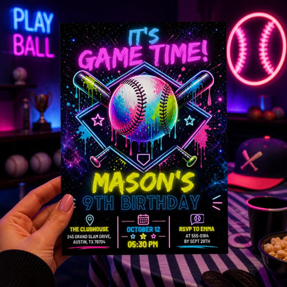 Neon Baseball 9th Birthday Invitation — print-ready 9th birthday party design from VoltBy