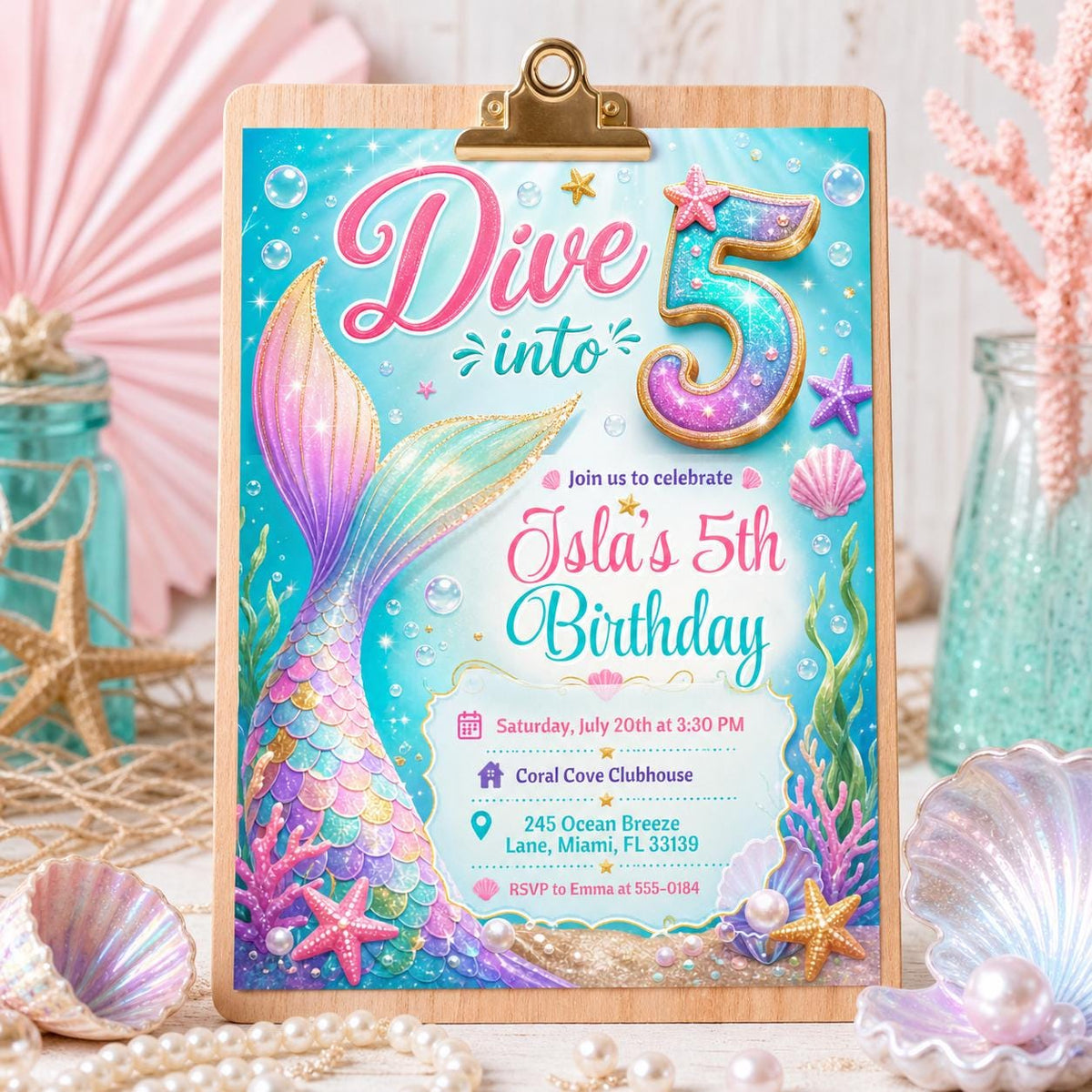 Dive into Five Mermaid Tail Birthday Invitation — invitation you personalize in Canva