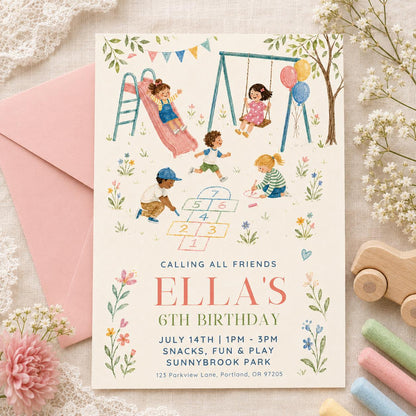 Playground 6th Birthday Invitation with Swings and Hopscotch — invitation you personalize in Canva