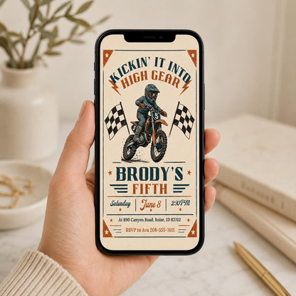 Vintage Dirt Bike 5th Birthday Invitation — motorcycle artwork in brown and cream