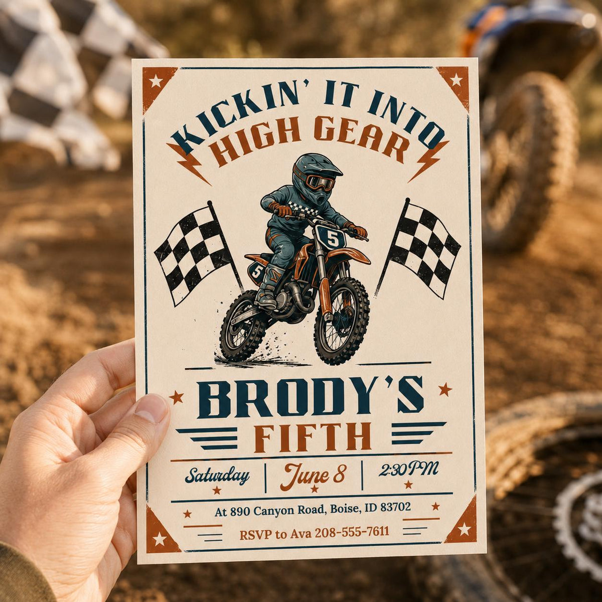 Vintage Dirt Bike 5th Birthday Invitation — checkered 5th birthday party design