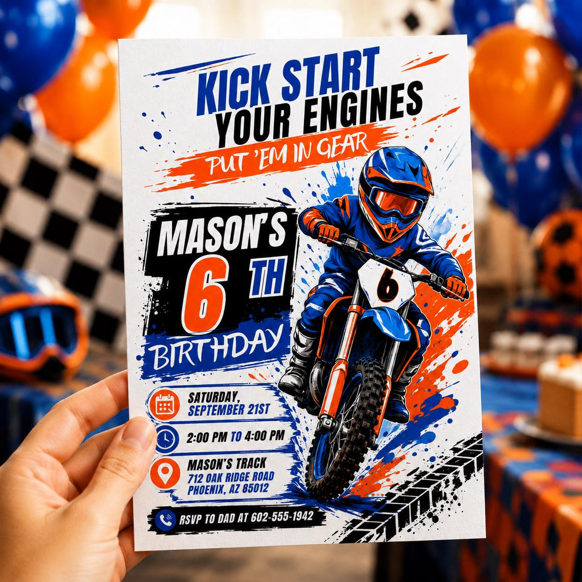Kick Start Your Engines Motocross 6th Birthday Invitation — motorcycle design