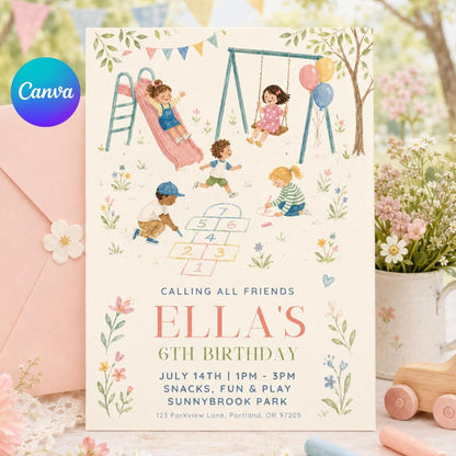 Playground 6th Birthday Invitation with Swings and Hopscotch — editable Canva template