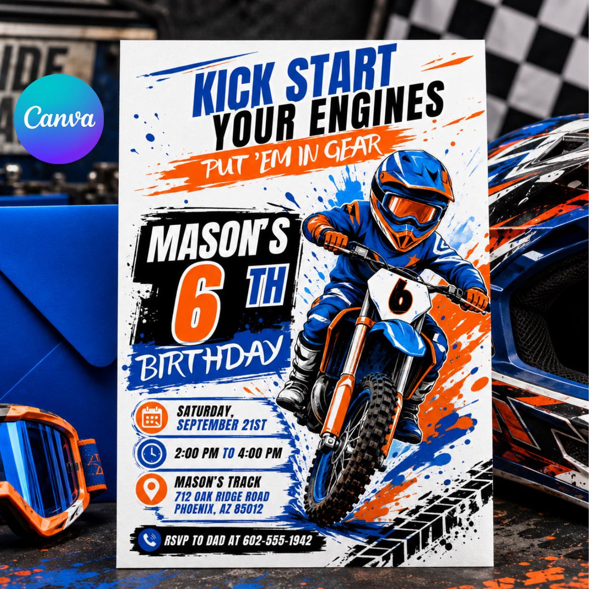 Kick Start Your Engines Motocross 6th Birthday Invitation — editable Canva template