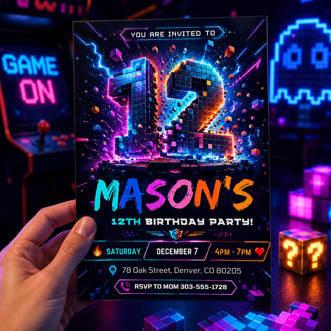 12th Birthday Invitation, Boy Invitation, Boy Birthday Invites, Editable Invitation, Boy 12th Birthday, Neon Cyber Party Template Canva __etsy:8032391246