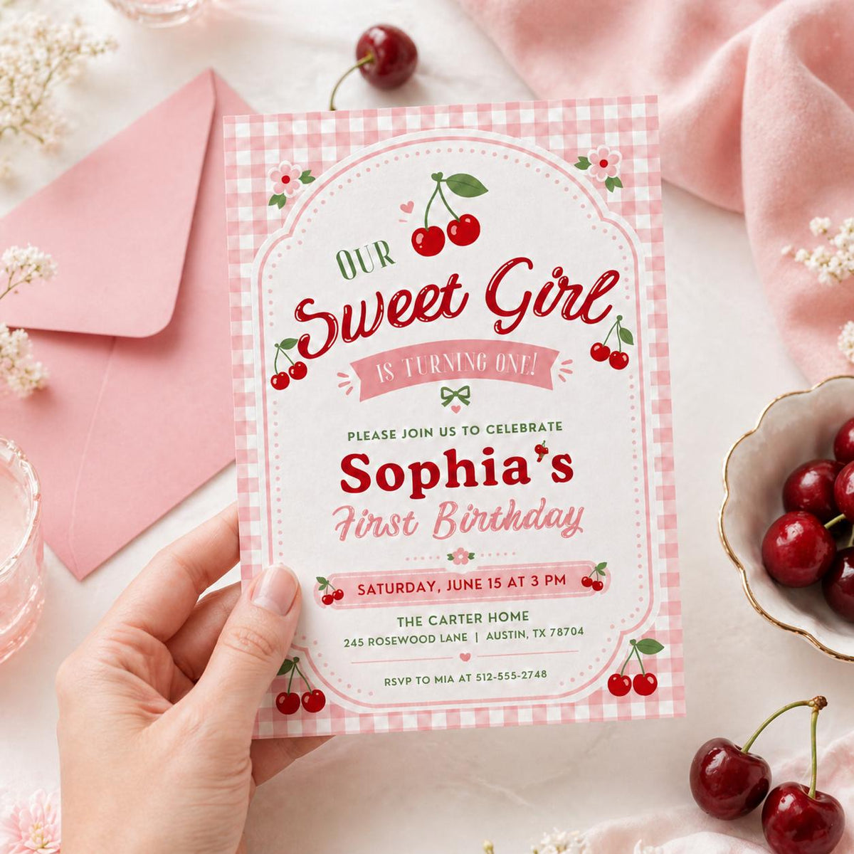 Our Sweet Girl Cherry First Birthday Invitation — invitation you personalize in Canva