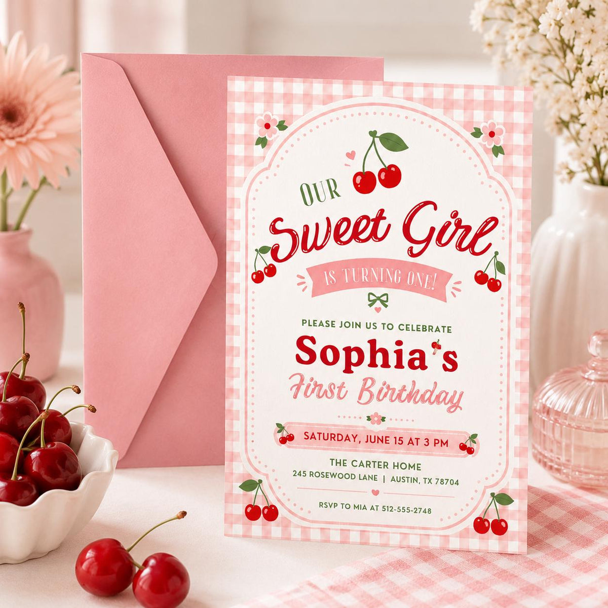 Our Sweet Girl Cherry First Birthday Invitation — print-ready first birthday design from VoltBy
