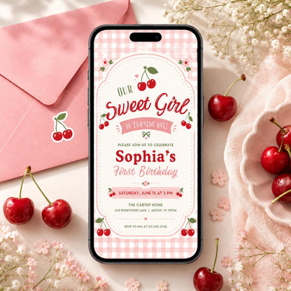 Our Sweet Girl Cherry First Birthday Invitation — gingham first birthday design