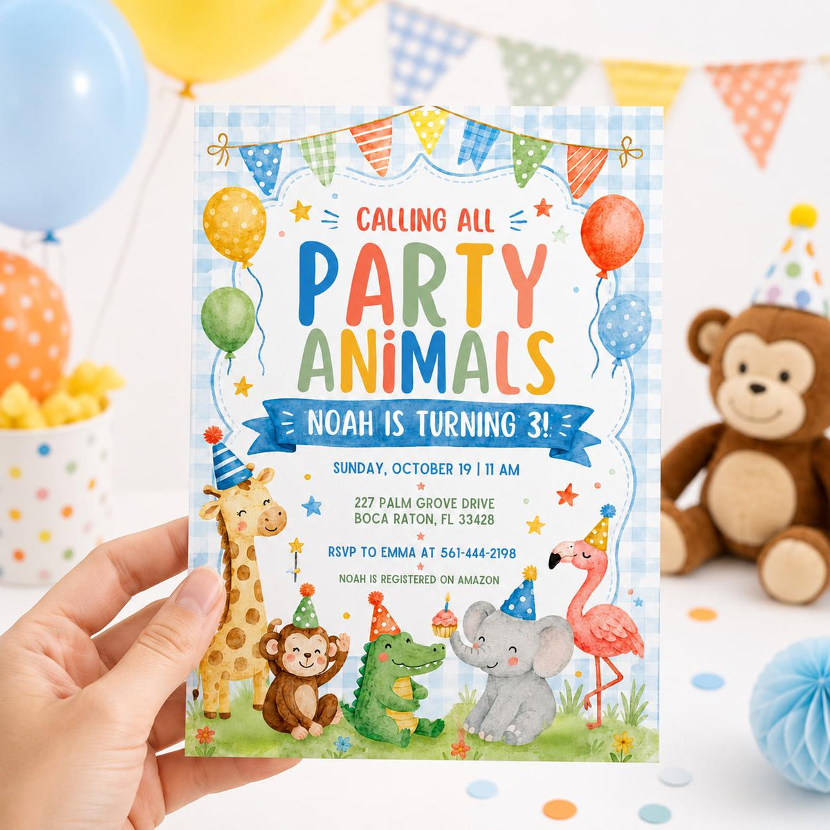 Watercolor Party Animals 3rd Birthday Invitation — balloon design