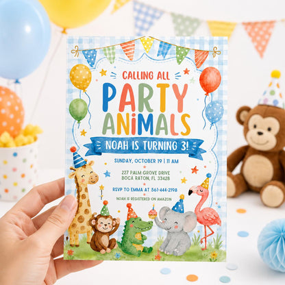 Watercolor Party Animals 3rd Birthday Invitation — balloon design