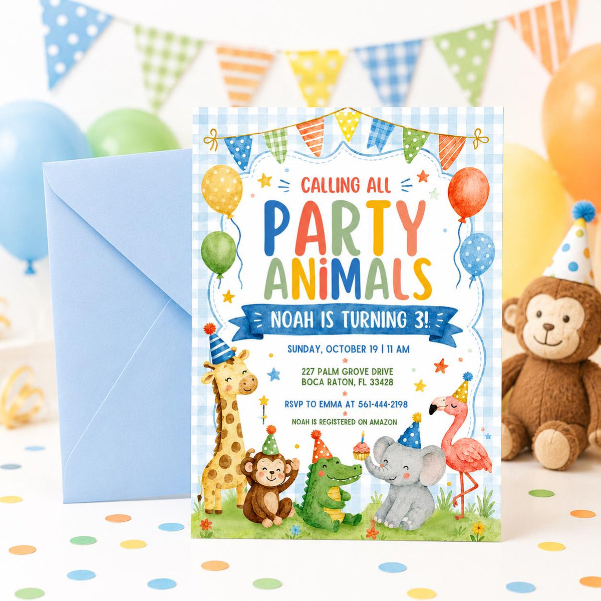 Watercolor Party Animals 3rd Birthday Invitation — gingham 3rd birthday party design