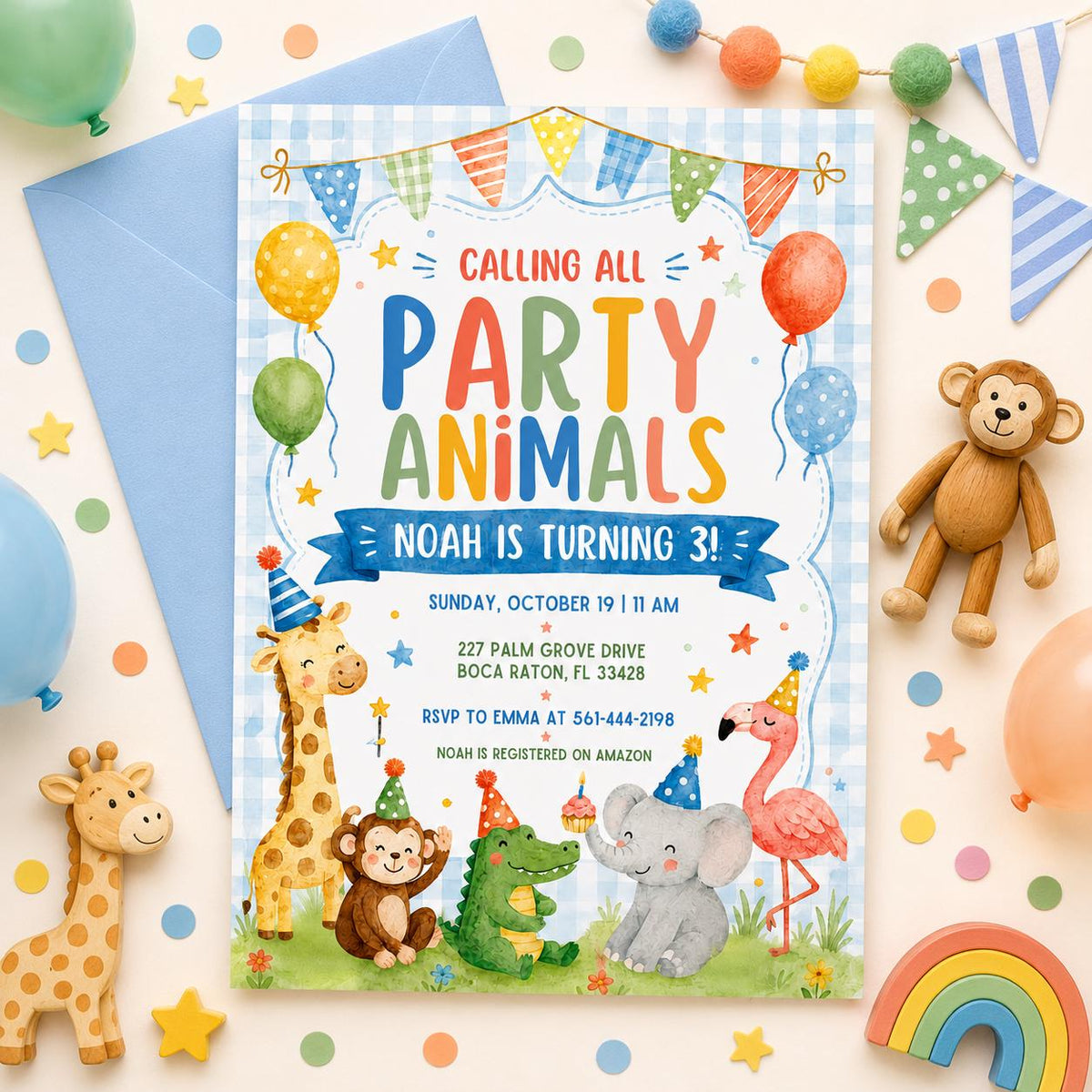 Watercolor Party Animals 3rd Birthday Invitation — balloon artwork in blue and green