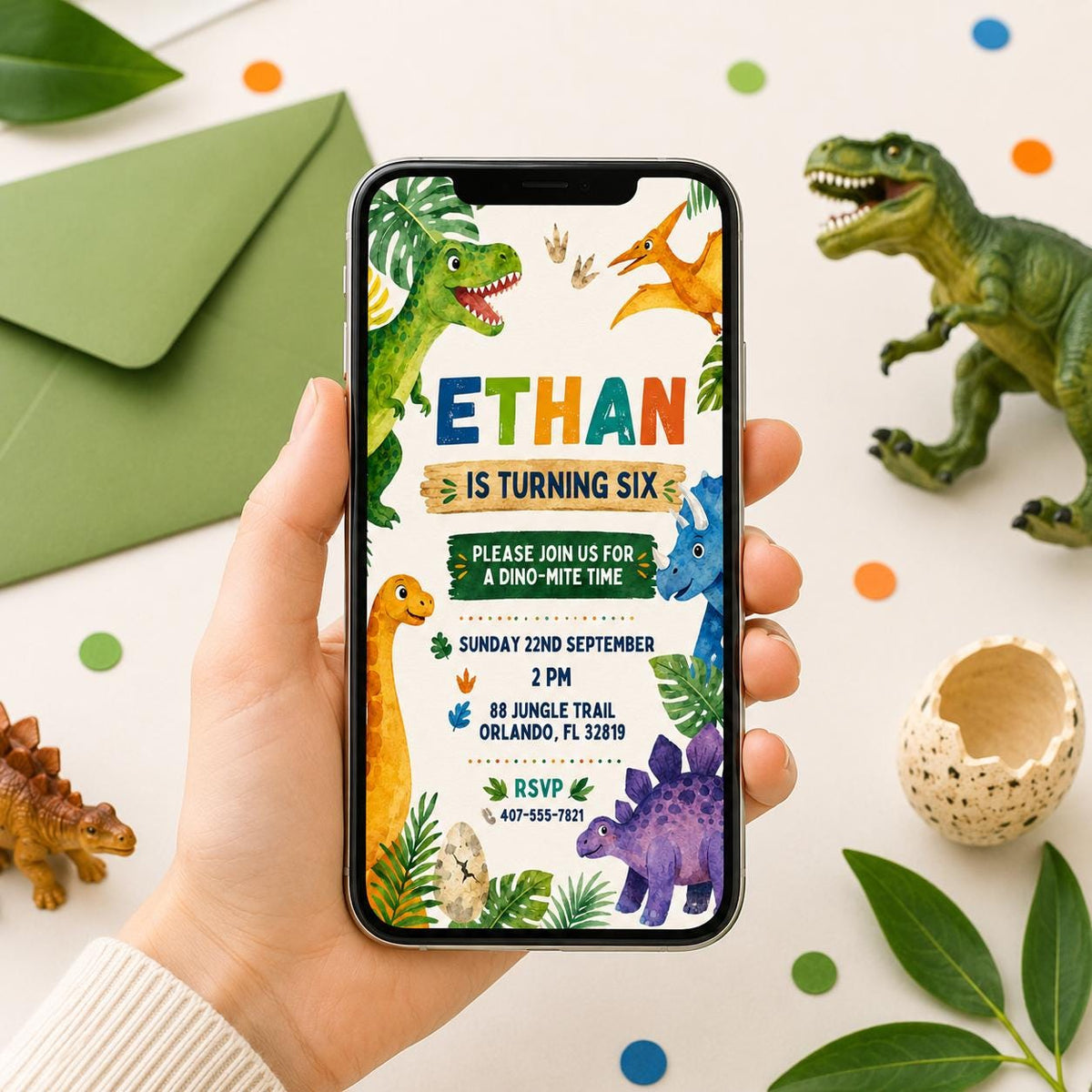 Modern Watercolor Dinosaur 6th Birthday Invitation — invitation you personalize in Canva