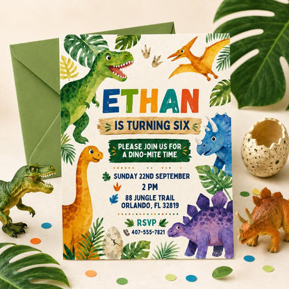 Modern Watercolor Dinosaur 6th Birthday Invitation — leaf artwork in blue and green