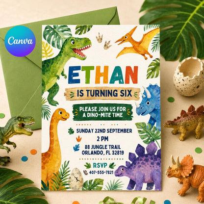Modern Watercolor Dinosaur 6th Birthday Invitation — editable Canva template