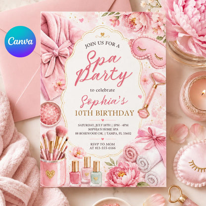 Floral Spa Party 10th Birthday Invitation with Pink Bow — editable Canva template