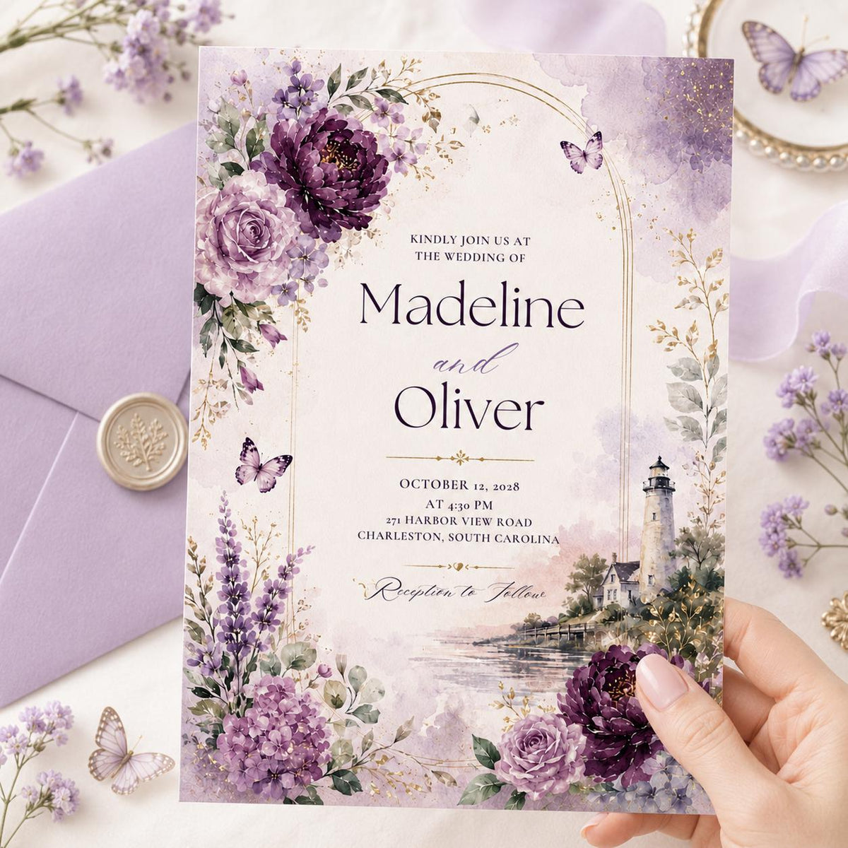 Purple Coastal Lighthouse Wedding Invitation — beach and butterfly design