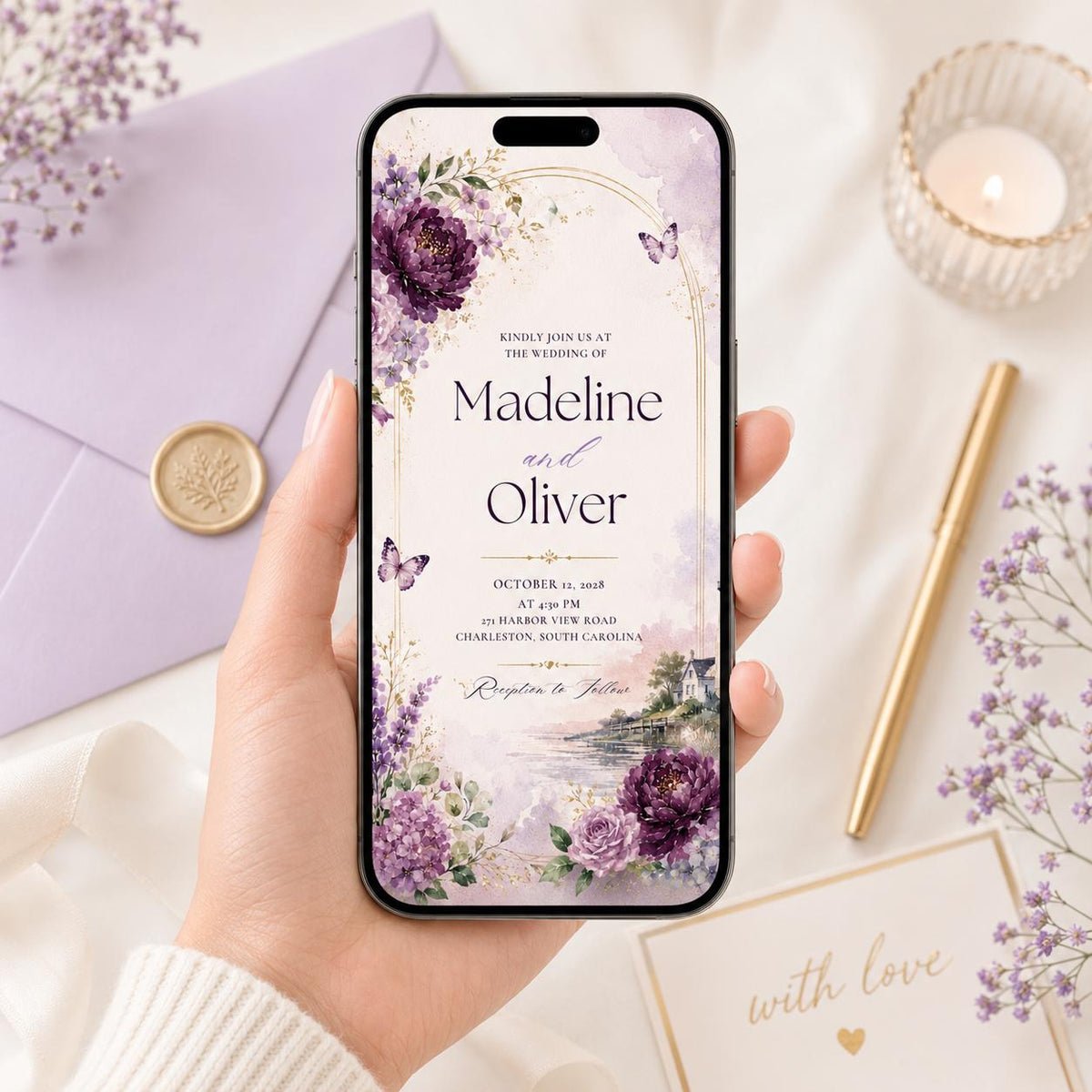 Purple Coastal Lighthouse Wedding Invitation — invitation you personalize in Canva