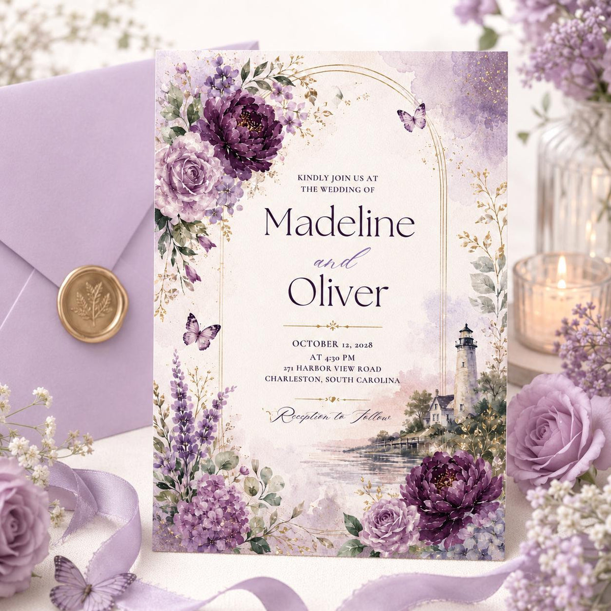 Purple Coastal Lighthouse Wedding Invitation — beach and butterfly artwork in cream and green