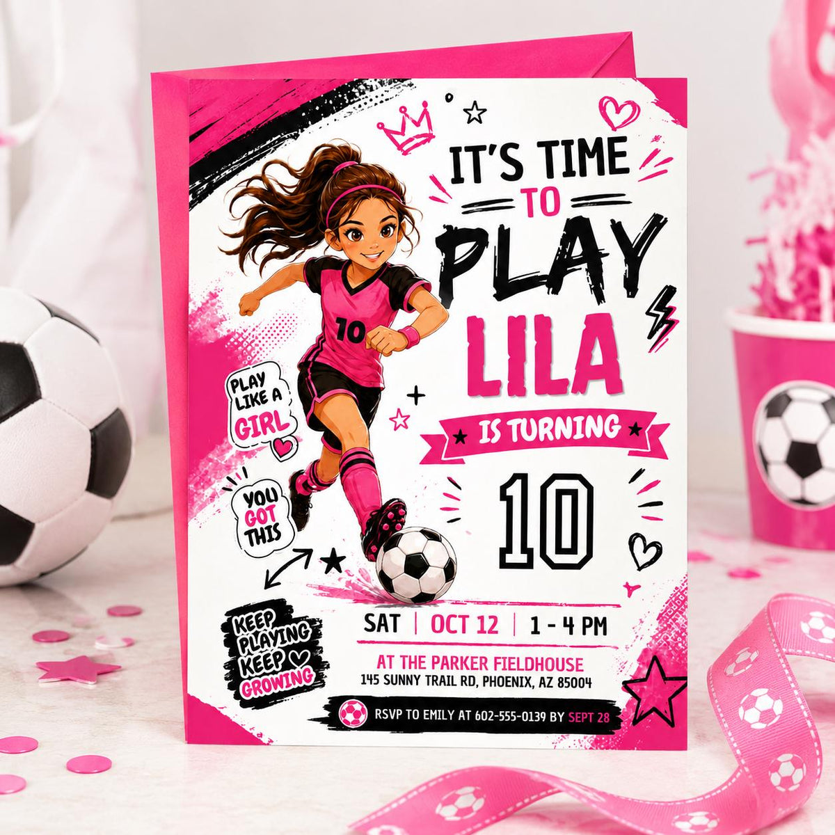 Girls Soccer 10th Birthday Invitation with Pink Kit — invitation you personalize in Canva