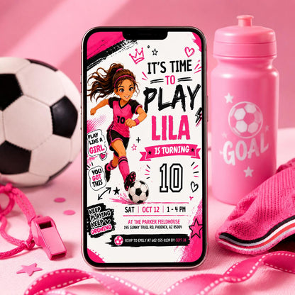 Girls Soccer 10th Birthday Invitation with Pink Kit — digital invitation, instant download