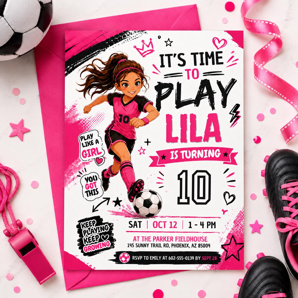 Soccer Girl Birthday Invitation Neon Pink Purple It's Game Time Party Invite Lets Kick It Watercolor Sports Soccer Ball Tween Canva template __etsy:8032825762