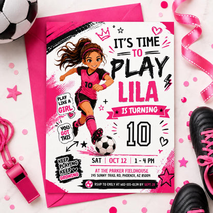 Soccer Girl Birthday Invitation Neon Pink Purple It's Game Time Party Invite Lets Kick It Watercolor Sports Soccer Ball Tween Canva template __etsy:8032825762