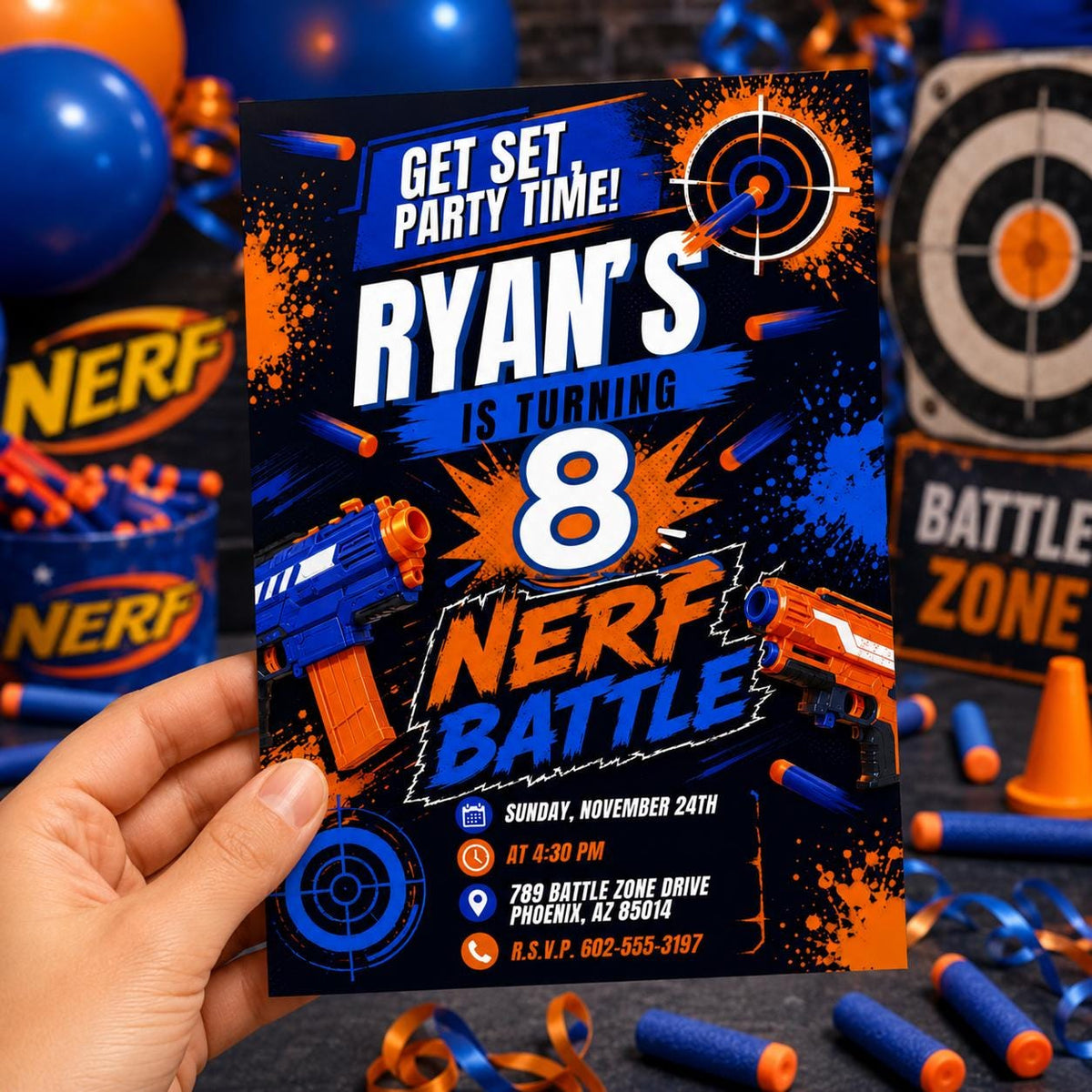 Blue and Orange Foam Dart Battle 8th Birthday Invitation — print-ready 8th birthday party design from VoltBy