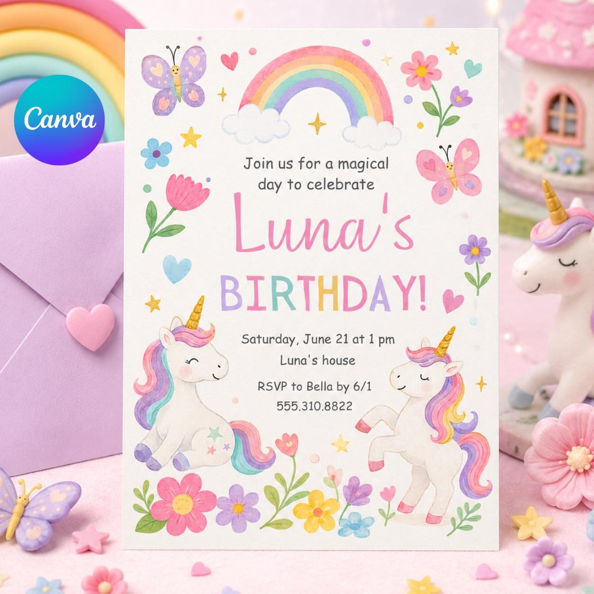 Hand-Drawn Unicorn Birthday Invitation with Rainbow and Butterflies — editable Canva template