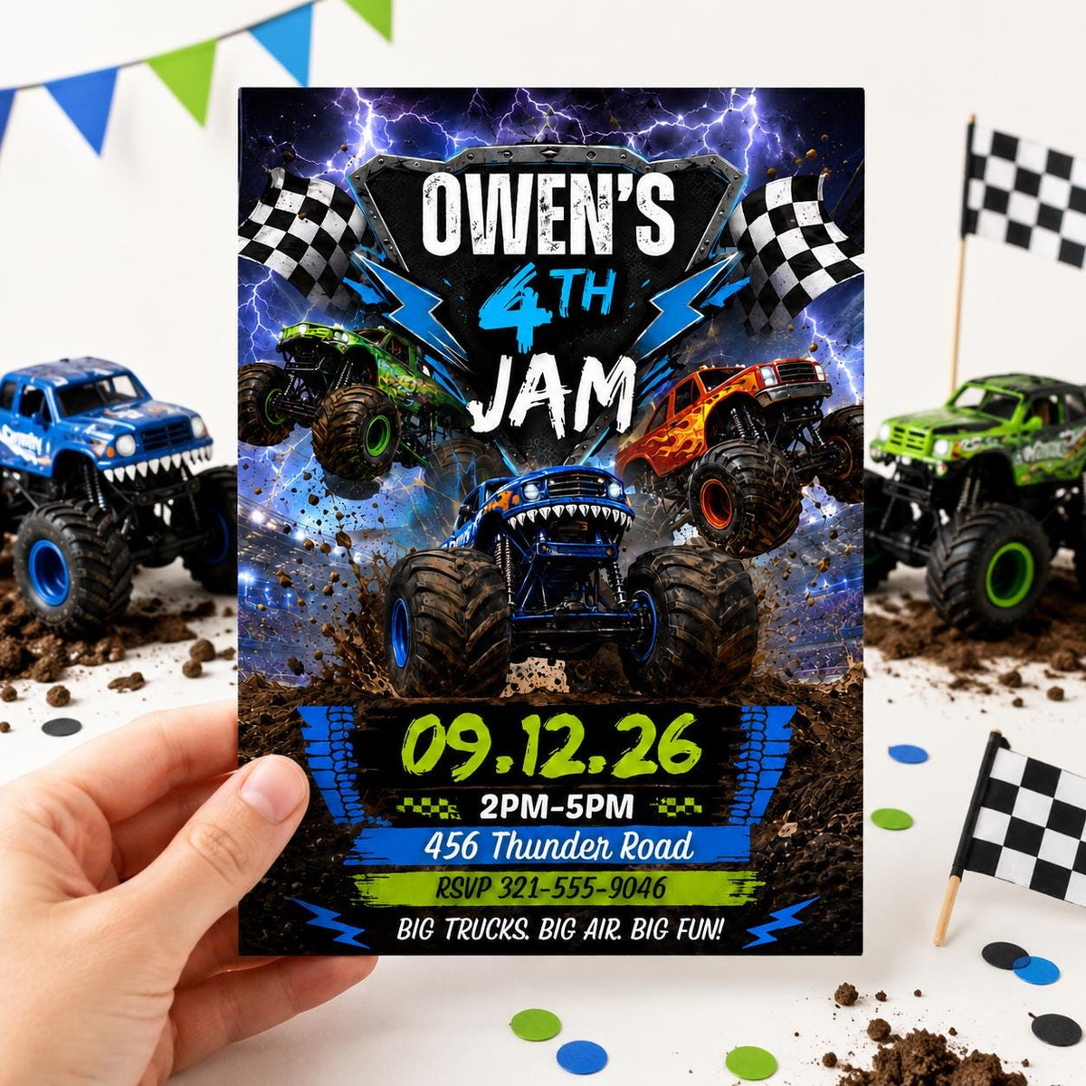 Monster Truck 4th Birthday Jam Invitation with Lightning — music artwork in black and blue