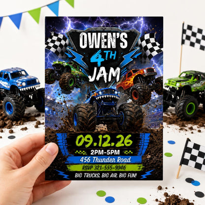 Monster Truck 4th Birthday Jam Invitation with Lightning — music artwork in black and blue