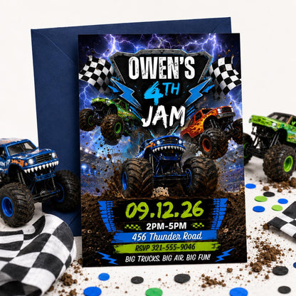 Monster Truck 4th Birthday Jam Invitation with Lightning — invitation you personalize in Canva