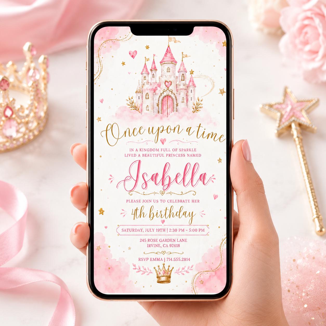 Once upon a time birthday invite, girl first birthday invite, princess party invite, 1st birthday, Princess Castle, Editable Canva Template __etsy:8032905052
