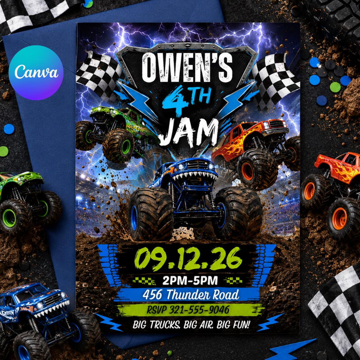 Monster Truck 4th Birthday Jam Invitation with Lightning — editable Canva template