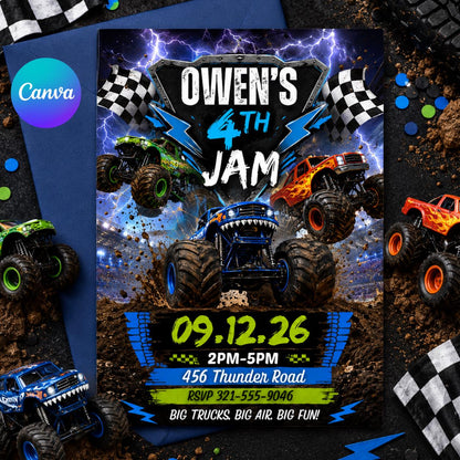 Monster Truck 4th Birthday Jam Invitation with Lightning — editable Canva template