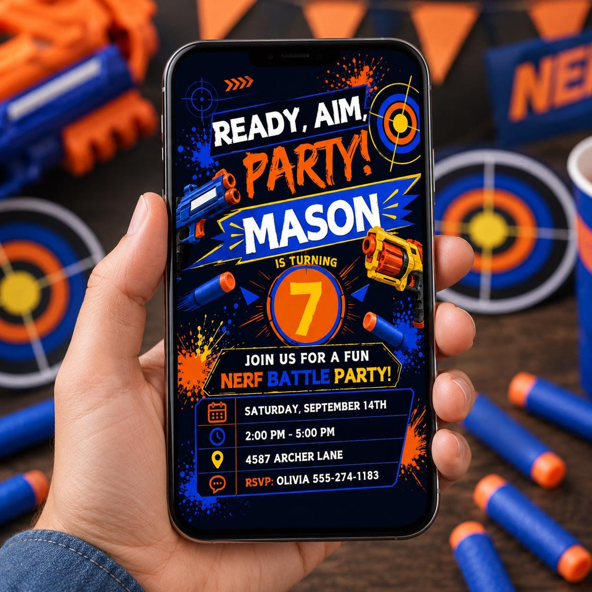 Ready Aim Party Foam Dart 7th Birthday Invitation — print-ready 7th birthday party design from VoltBy