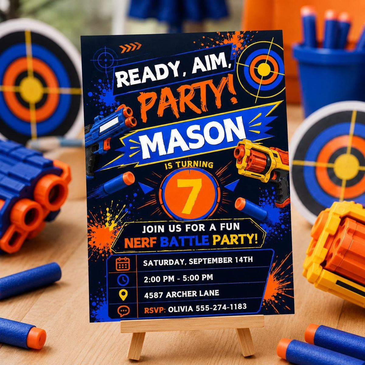 Ready Aim Party Foam Dart 7th Birthday Invitation — invitation you personalize in Canva