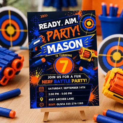 Ready Aim Party Foam Dart 7th Birthday Invitation — invitation you personalize in Canva