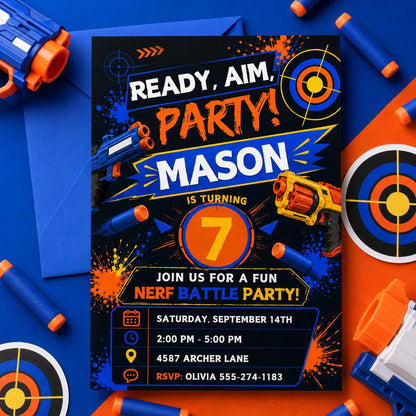 Ready Aim Party Foam Dart 7th Birthday Invitation — digital invitation, instant download