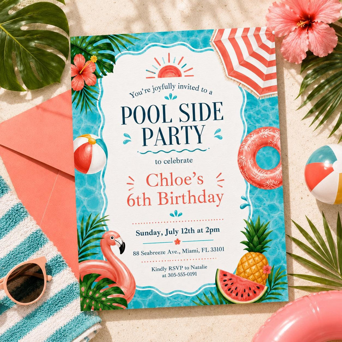 Poolside 6th Birthday Invitation with Flamingo and Watermelon — leaf artwork in green pink