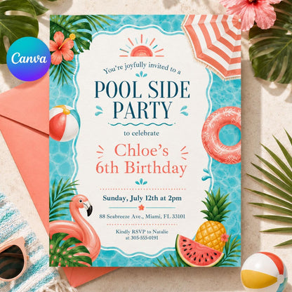 Poolside 6th Birthday Invitation with Flamingo and Watermelon — editable Canva template