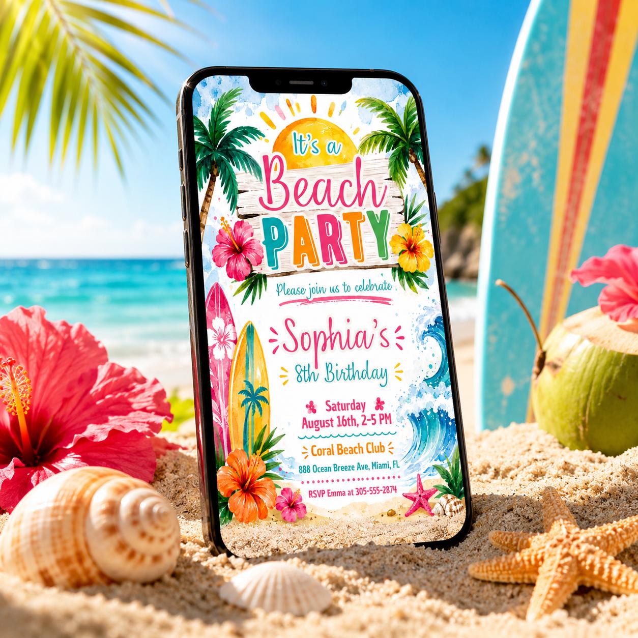 Editable Beach Party Invitation Template: Birthday, Pool Party, Shower, Girl Surfing Beach Party Birthday Invitation, Surf's Up Surfboard __etsy:8033421832
