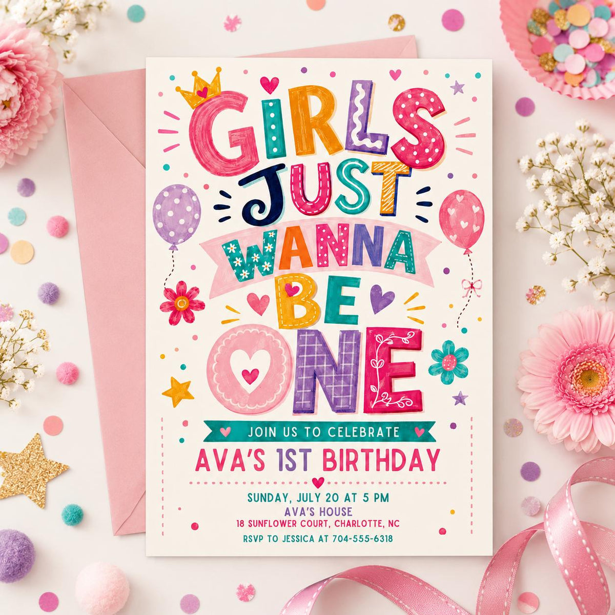 Colorful Retro Girls Just Wanna Be One 1st Birthday Invitation — invitation you personalize in Canva