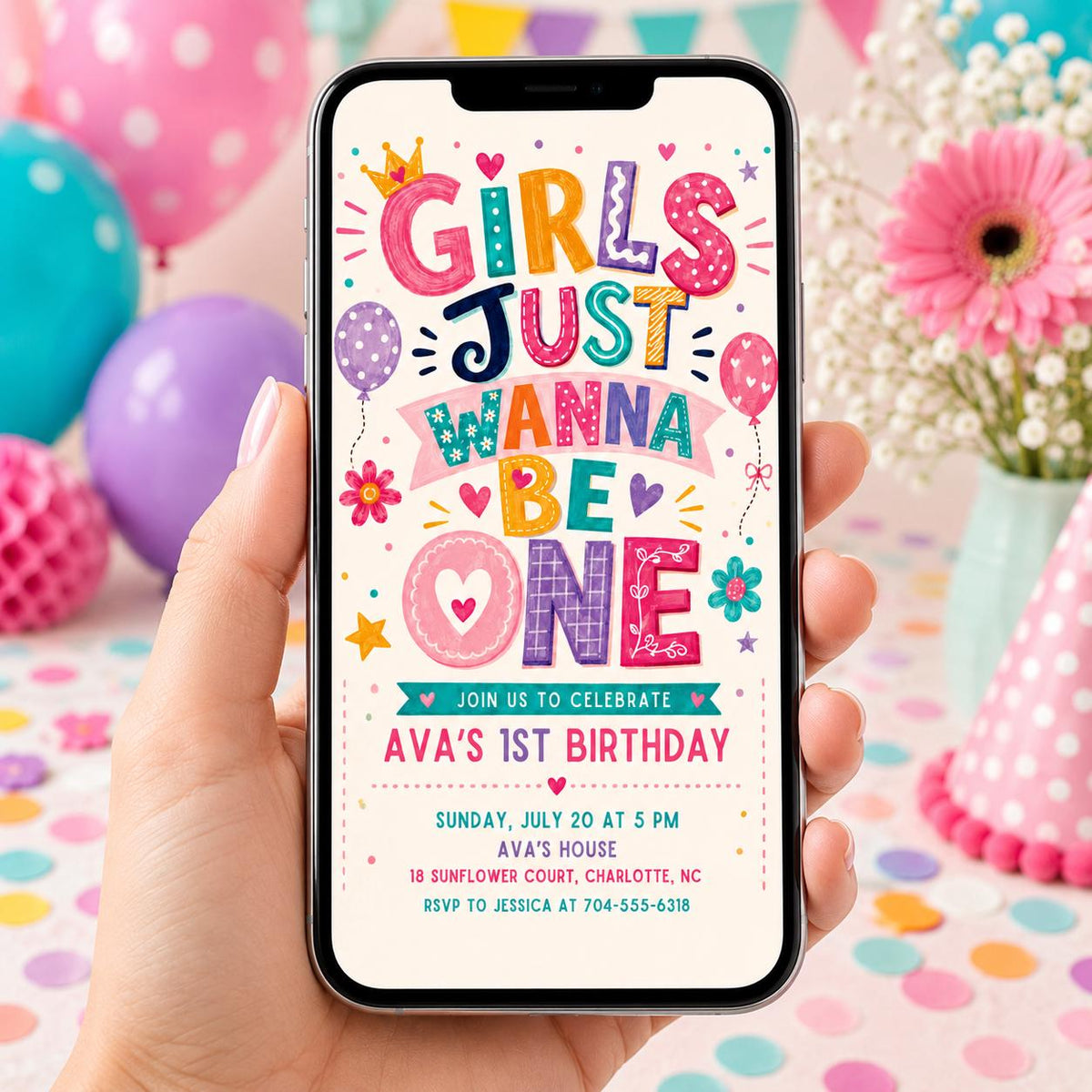 Colorful Retro Girls Just Wanna Be One 1st Birthday Invitation — digital invitation, instant download