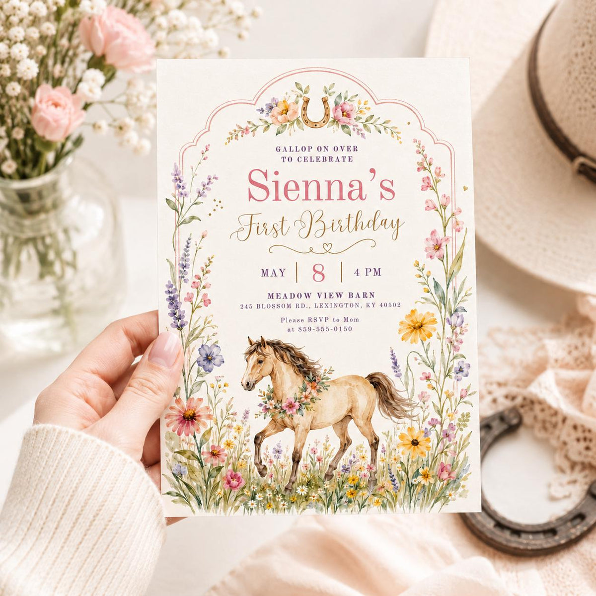 Wildflower Pony First Birthday Invitation — floral first birthday design
