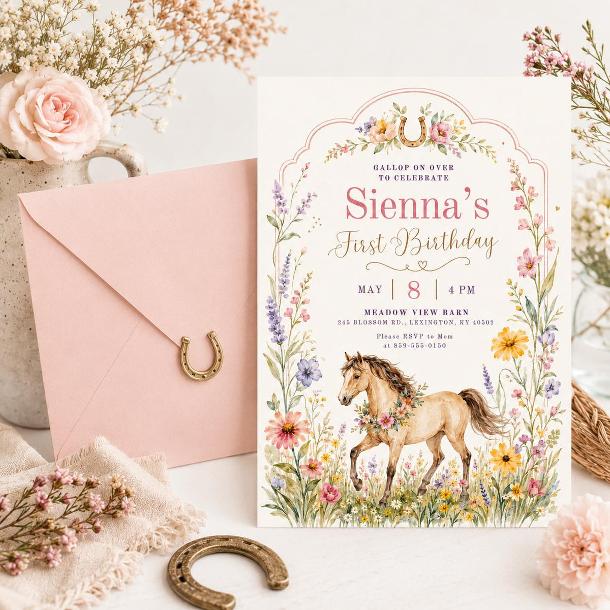Wildflower Pony First Birthday Invitation — invitation you personalize in Canva