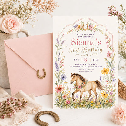 Wildflower Pony First Birthday Invitation — invitation you personalize in Canva
