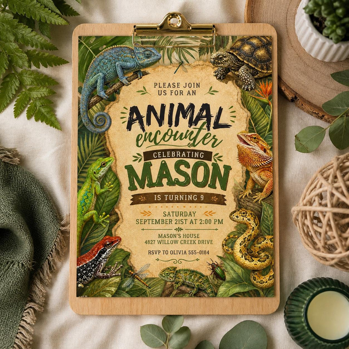 Animal Encounter 9th Birthday Invitation with Reptile Border — print-ready 9th birthday party design from VoltBy